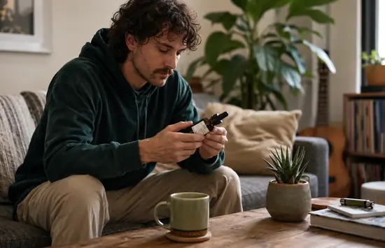 A man sitting on a sofa examines a small cannabinoid tincture bottle in a bright, modern living room.