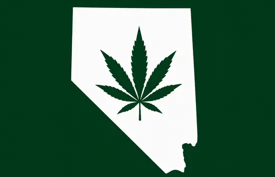 White silhouette of Nevada on a dark green background, with a dark green cannabis leaf centered inside the state outline.