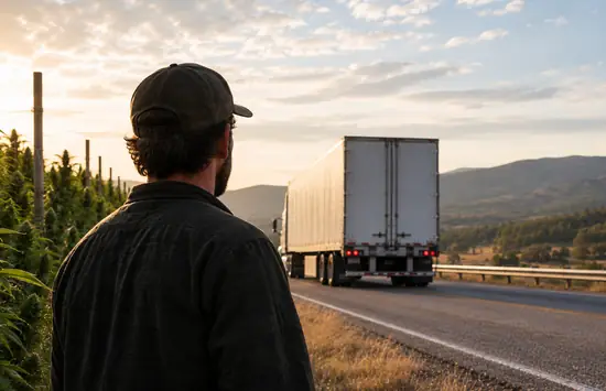 A man stands beside a rural highway looking toward a semi-truck driving away, with rows of mature cannabis plants growing alongside the road under warm golden-hour light and rolling hills in the background.