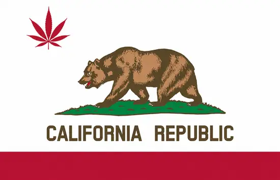 Modified California flag with a red cannabis leaf replacing the star
