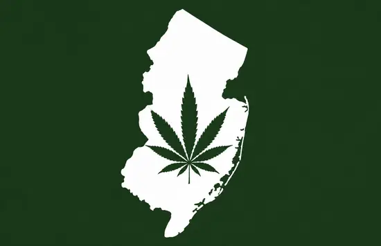 White silhouette of New Jersey on a dark green background, with a dark green cannabis leaf centered inside the state outline.