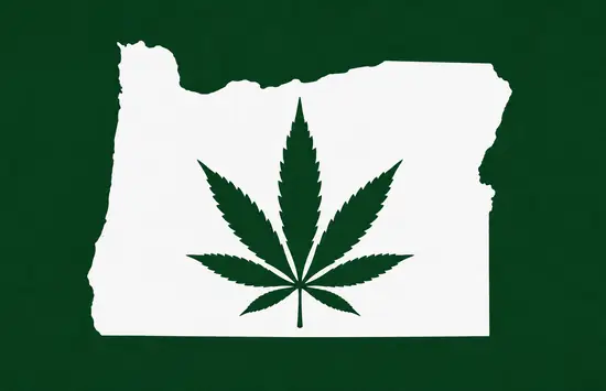 White silhouette of Oregon on a dark green background, with a dark green cannabis leaf centered inside the state outline.