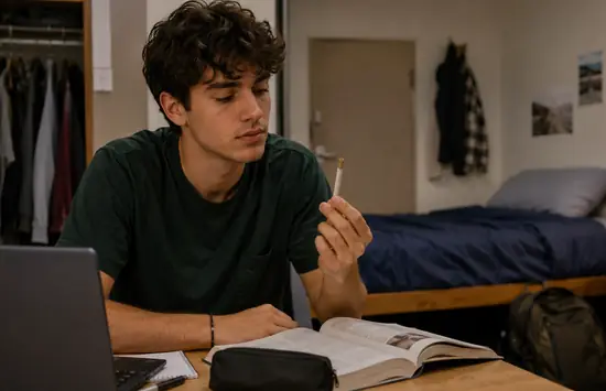 College student examining a pre-roll while studying at a desk in a dorm room.
