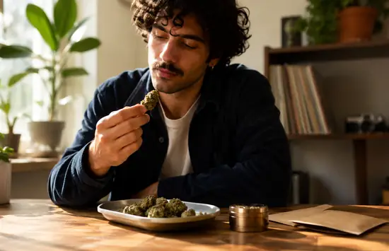 A young man examines a cannabis bud at a sunlit wooden table with loose flower, a grinder, and plain paper packets.