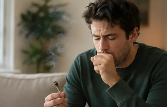 Man coughing while holding a lit cannabis joint in a softly lit living room.