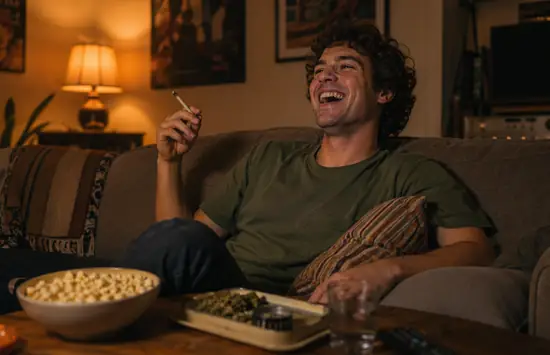 A man laughing on a sofa while watching a comedy, holding a joint with popcorn and cannabis on the coffee table.