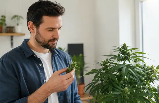 Man carefully inspecting a cannabis plant in a bright indoor growing space.