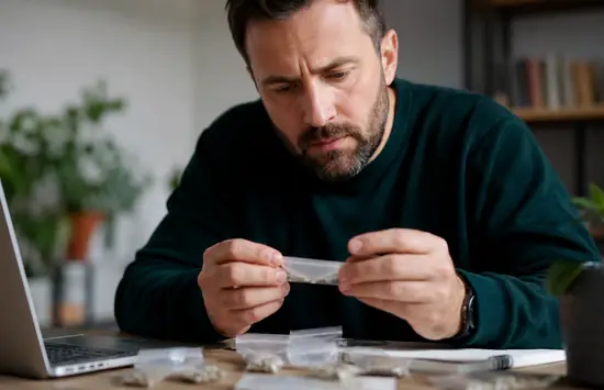 Man inspecting packets of cannabis seeds beside a laptop while checking an online seed order.